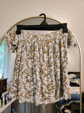 American Eagle Cream Floral Off-Shoulder Top with Yellow & Brown Flowers